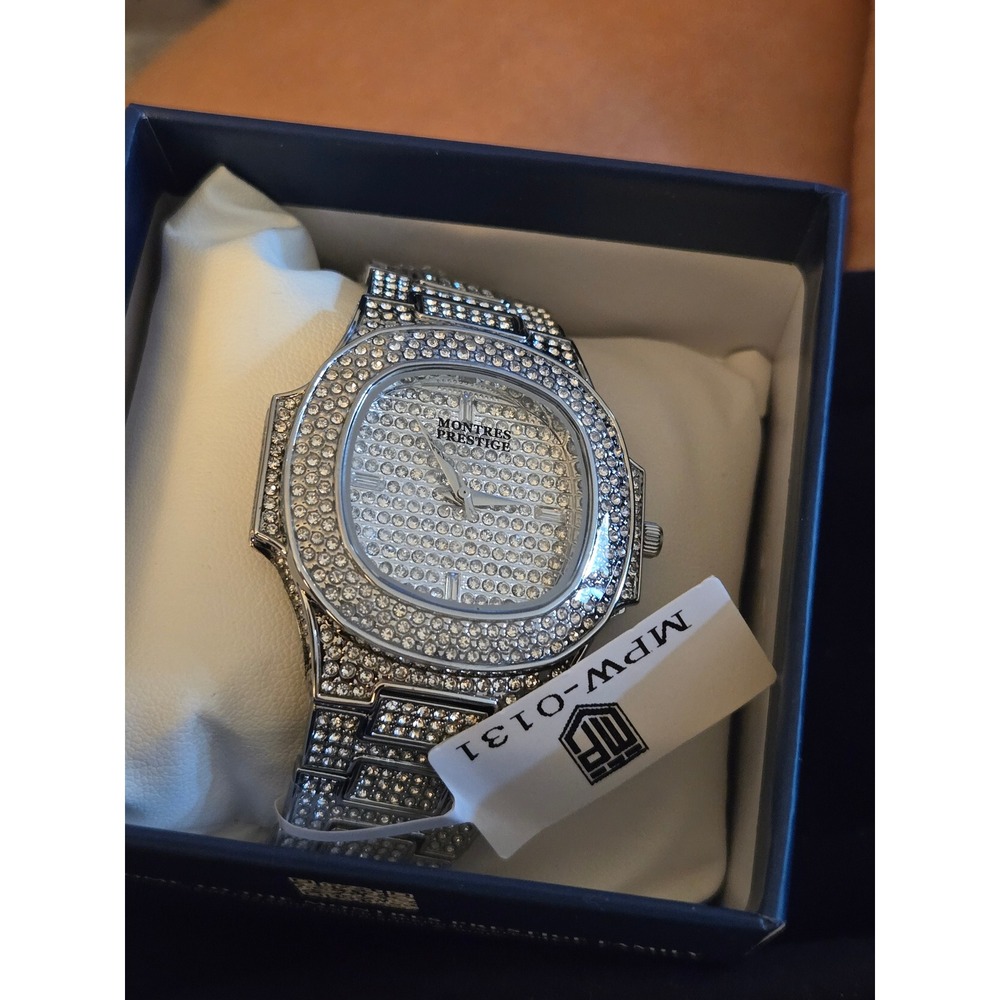 Montres Prestige MPW-0131 Iced Out Silver Tone Crystal Embellished Watch New
